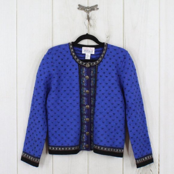 Tally Ho Sweaters - Vintage Tally-Ho Blue Boiled Wool Floral Button Cardigan Sweater Size M Pet